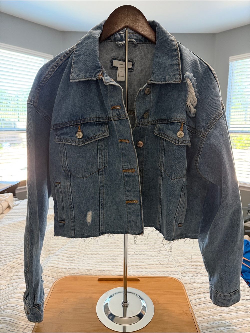 Forever 21 Distressed Light Blue Cropped Denim Jacket - Never worn